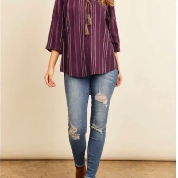 BOHO shirt woven knit TOP variegated stripe jacquard top S TRENDING deep Purple - Picture 12 of 16